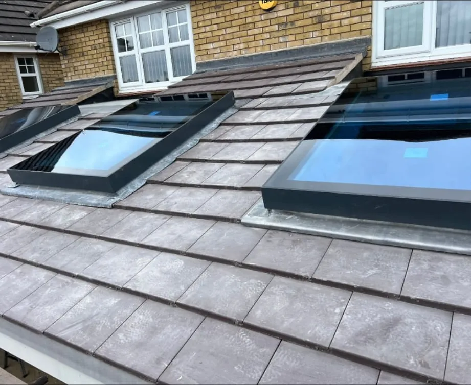 Two black flat glass rooflights set into a brown tiled roof beneath the first-floor windows