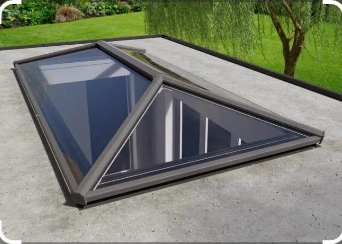 Product visual of an anthracite aluminium roof lantern with slim glazing bars on a flat roof
